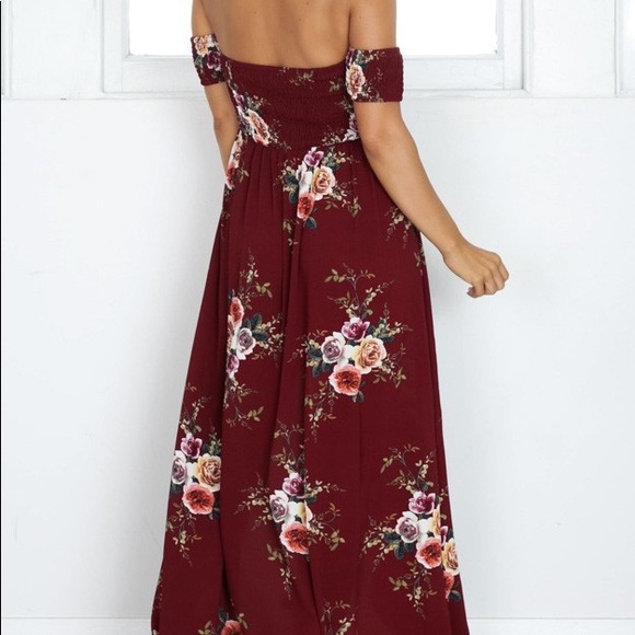 B2G1♦️🆕Boho Floral Off Shoulder Maxi Dress Wine - Picture 4 of 8